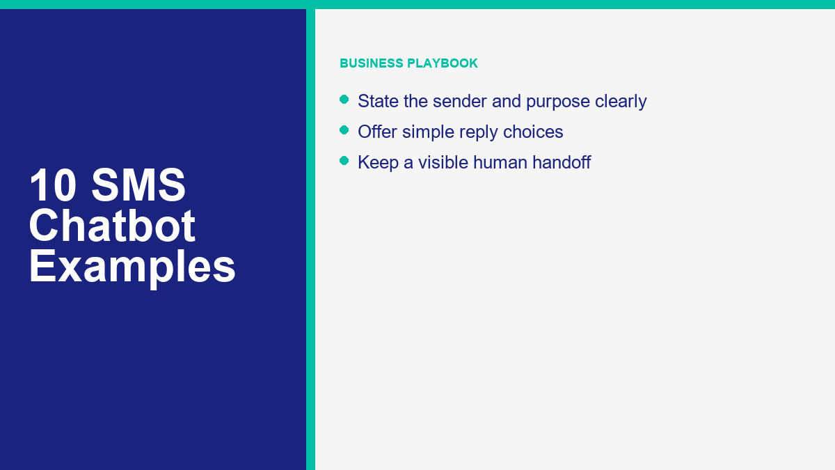 sms-chatbot-examples-featured SMS chatbot examples playbook with sender, reply choice, and human handoff checks