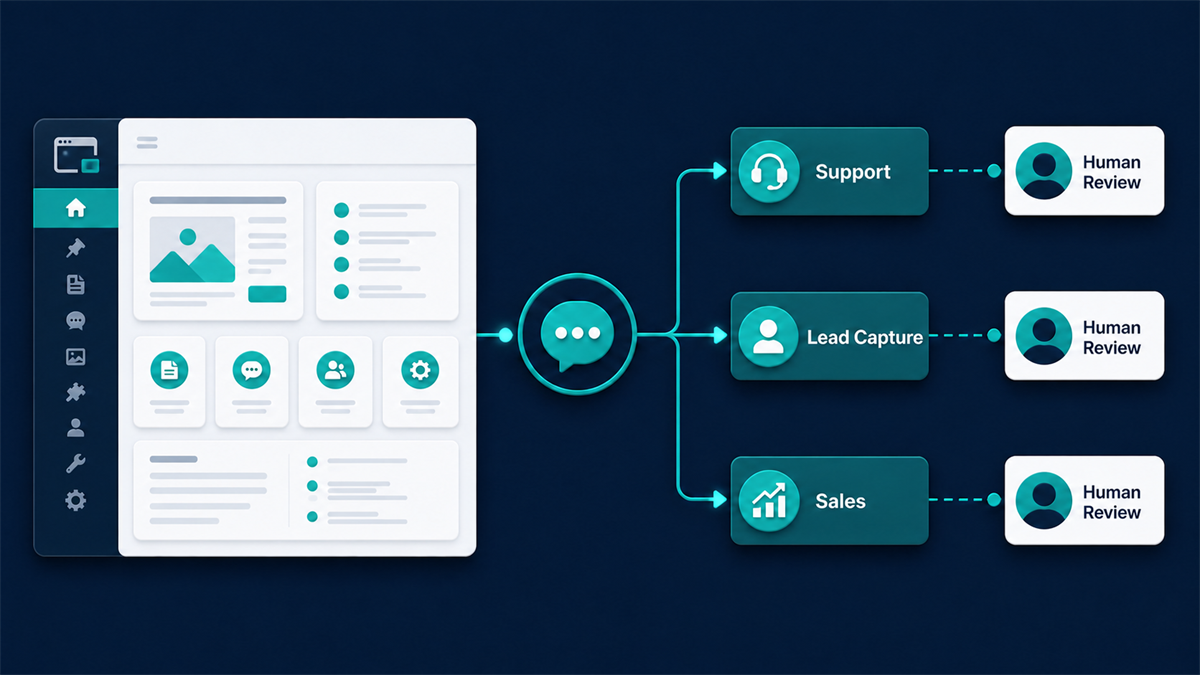 Website dashboard routing support, lead capture, and sales chatbot paths to human review
