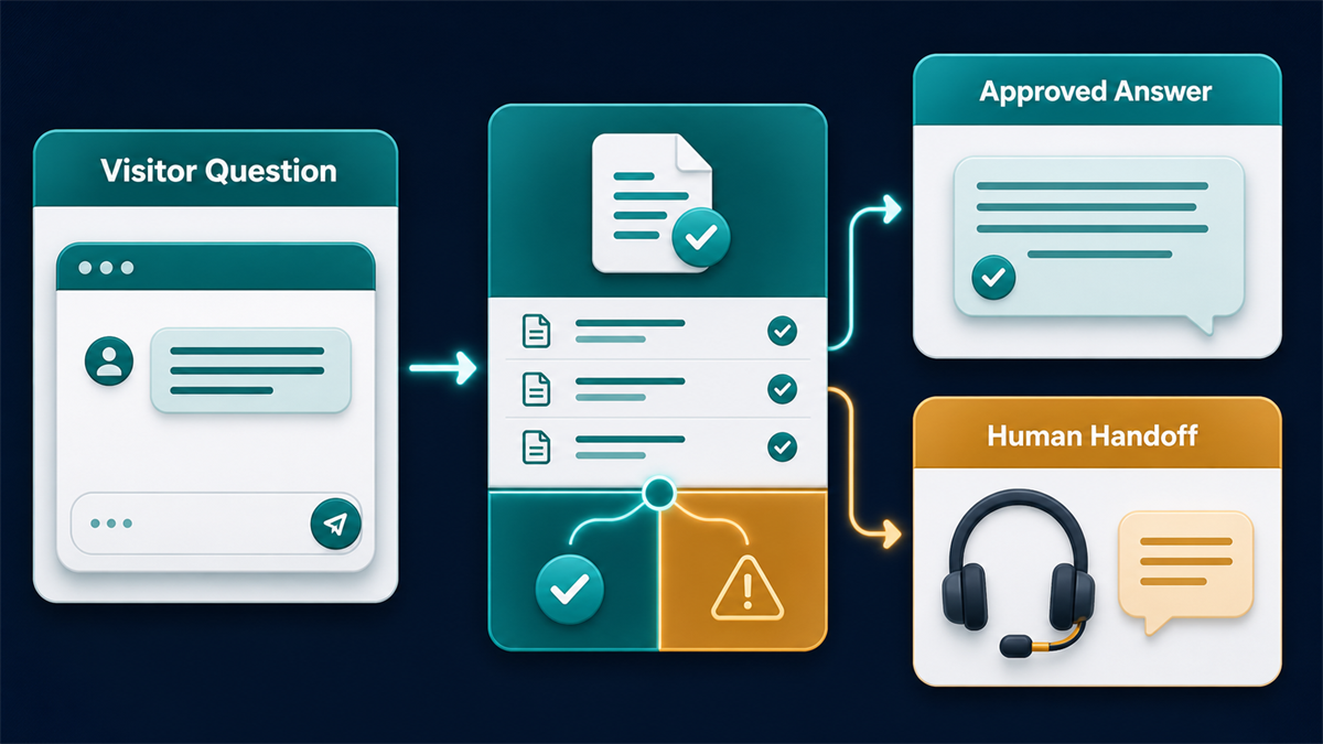 Visitor question checked against approved sources before an answer or human handoff