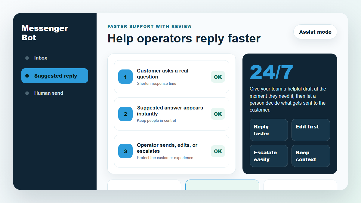 Live Chat AI Assistant 1 Messenger Bot help operators reply faster product workflow simulation.