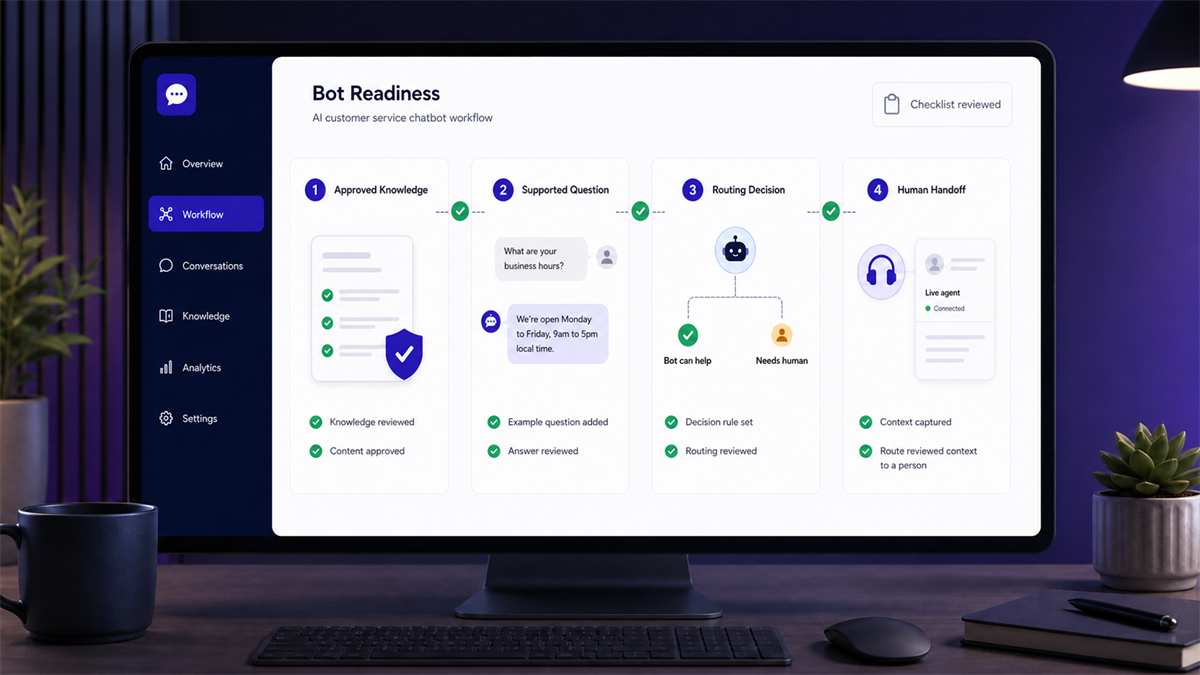 AI customer service readiness workflow showing approved knowledge, supported questions, routing decisions, and human handoff