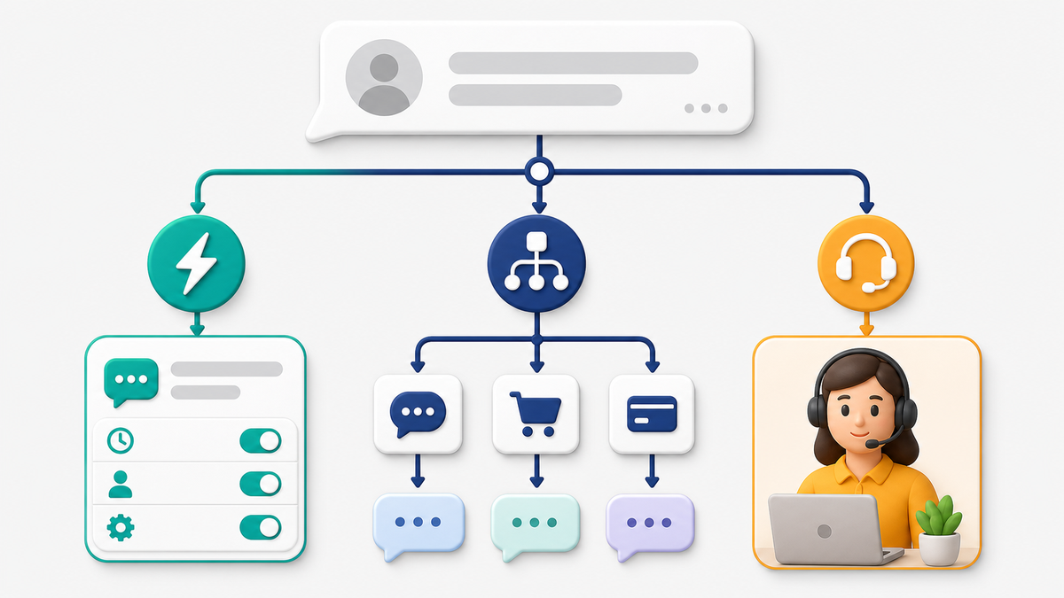 Decision map comparing instant response, keyword routing, and human handoff for a Facebook Messenger auto reply.