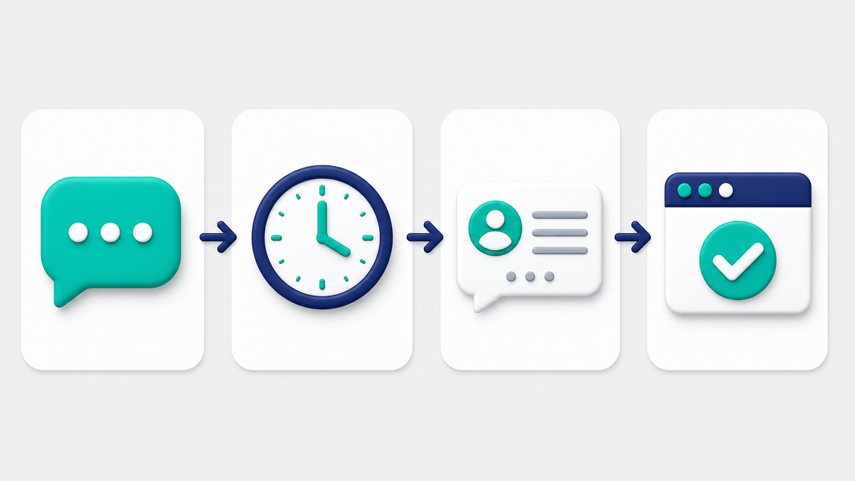 Four-stage setup sequence for a Facebook Messenger auto reply, from incoming message through timing, response design, and testing.