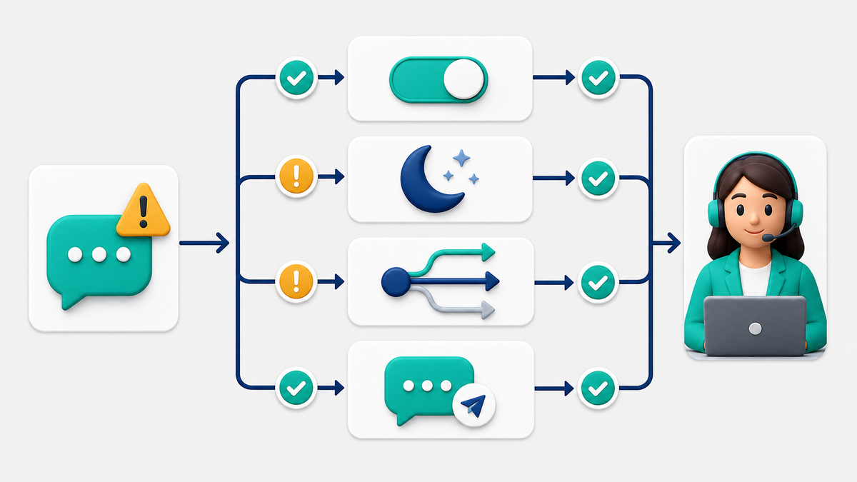 Troubleshooting flow for an automatic reply, checking automation status, away mode, routing, test delivery, and human handoff.