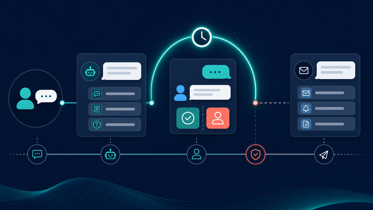 ManyChat for Facebook Messenger: Setup, Rules, and Free Options 1 Customer messaging timeline showing an active reply window, supported automated choices, and a planned human review boundary.