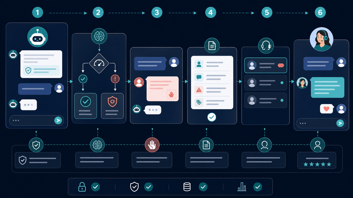 ManyChat for Facebook Messenger: Setup, Rules, and Free Options 2 Policy-safe automated conversation moving through disclosure, confidence and sensitivity checks, a human request, context summary, and staff takeover.