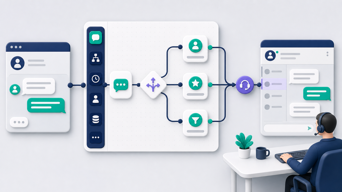 ManyChat Facebook Messenger Workflow Facebook Page conversation moving through a workflow builder, qualification branches, and human inbox handoff.