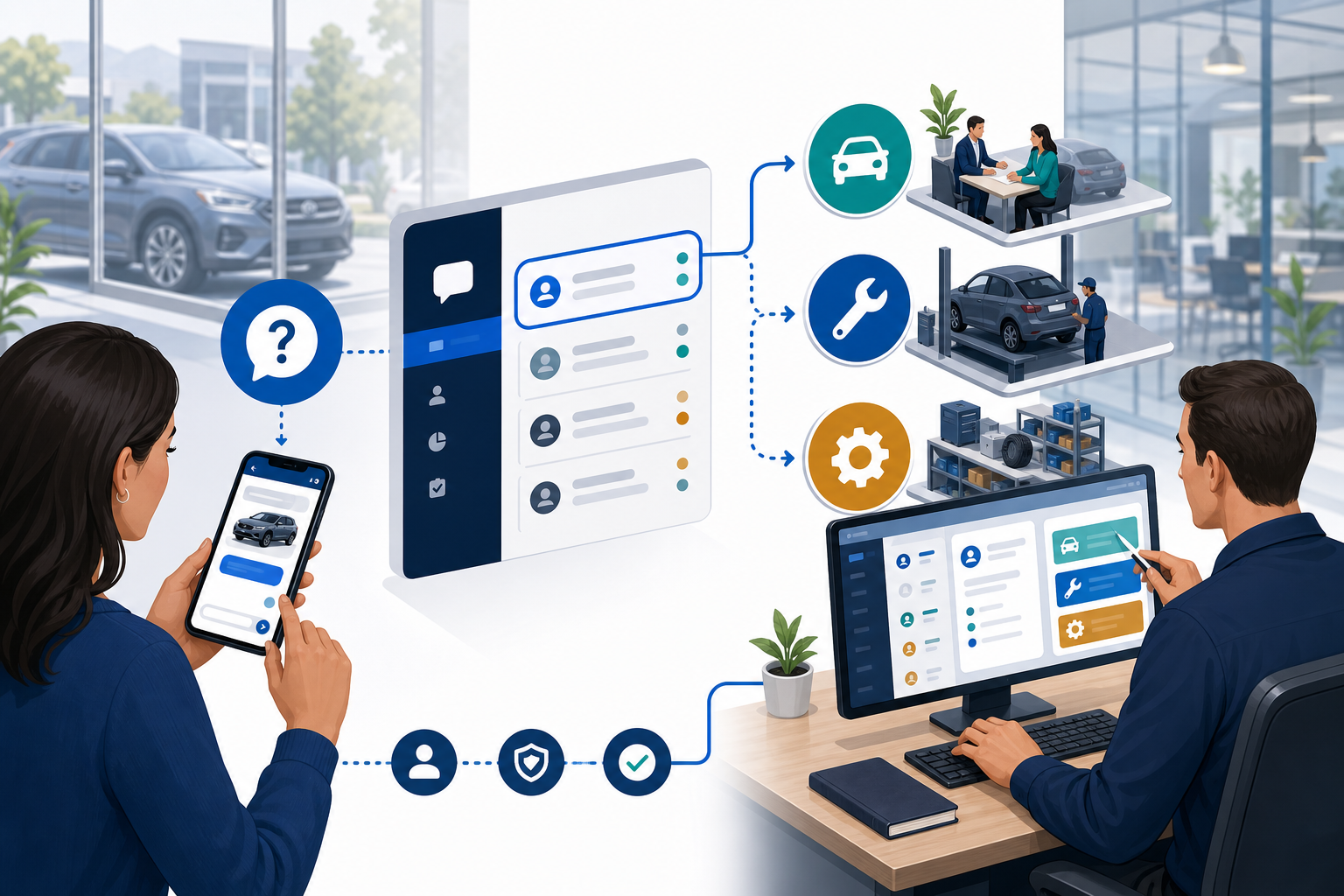 Automotive chatbot workflow routing a customer question to sales, service, or parts for human follow-up.