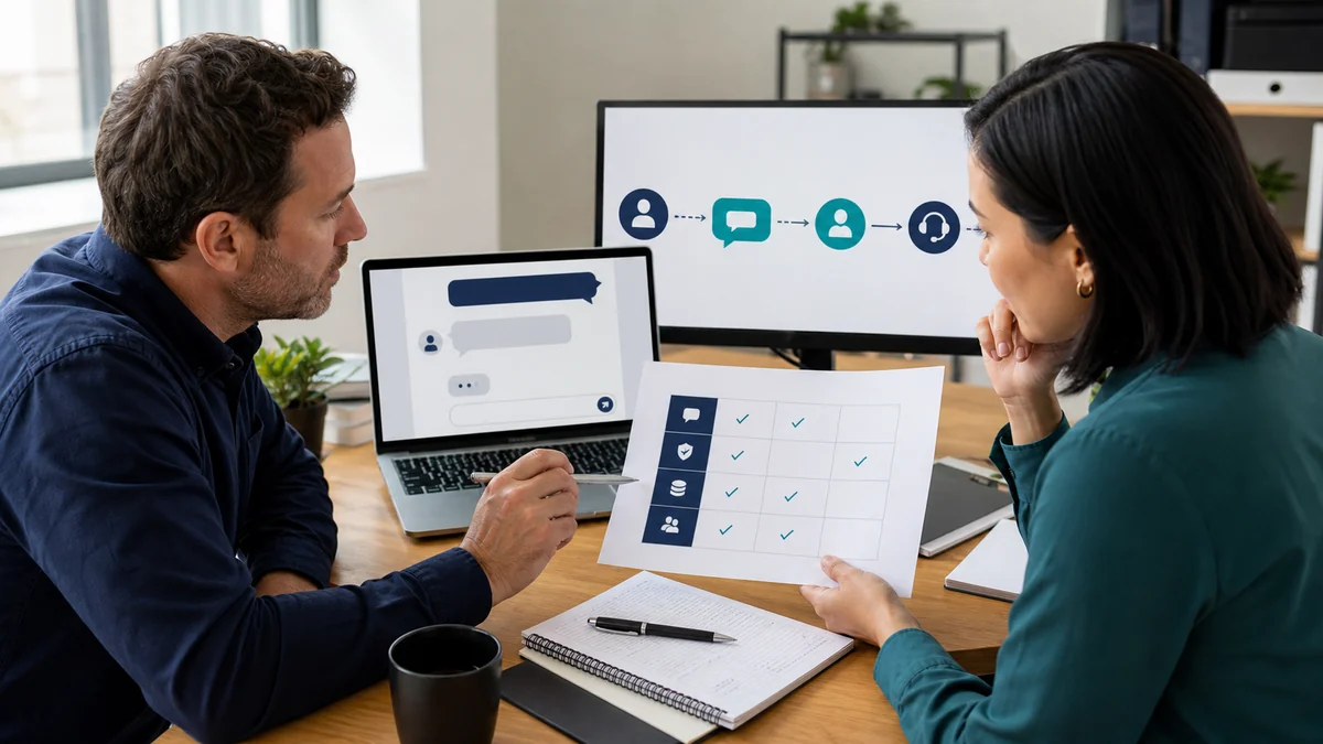 A useful free-chatbot test compares limits, response quality, safety, and the path to a real person. Small-business team evaluating a free website chatbot with a scorecard and human handoff path