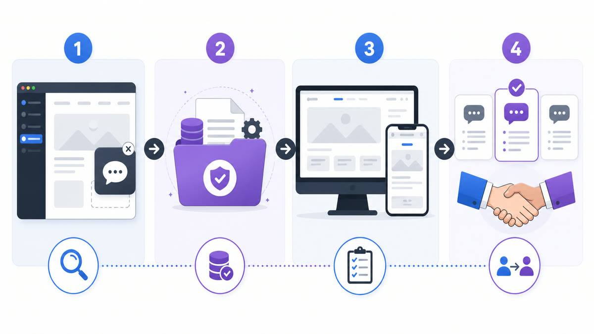 Four-stage workflow to identify, back up, test, and replace a retired WordPress chat widget