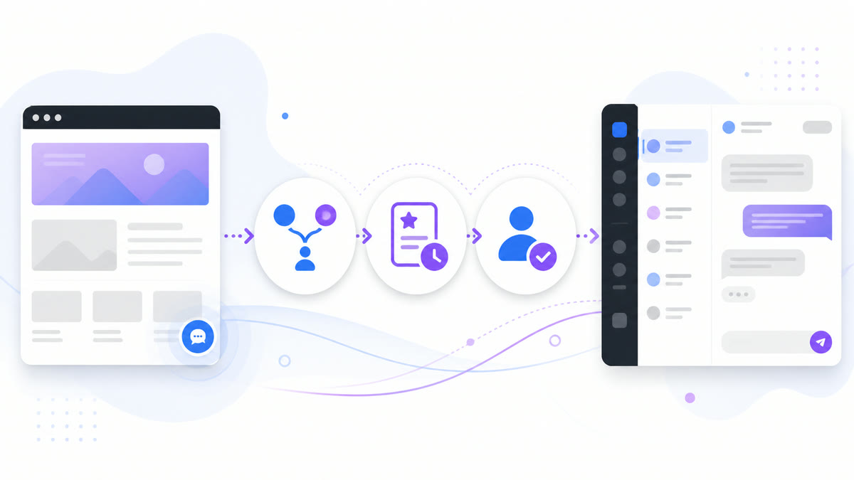 Icon-only website-to-messaging workflow with visitor choice, review hours, and human ownership