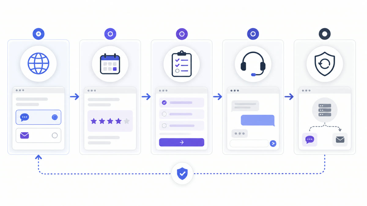 Five-stage handoff pilot showing contact choice, review time, fit questions, human review, and fallback