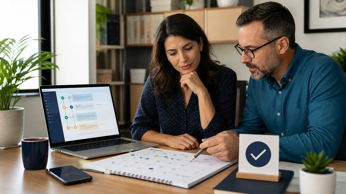 Business team reviewing a customer-message schedule, consent safeguards, and human handoff checkpoint