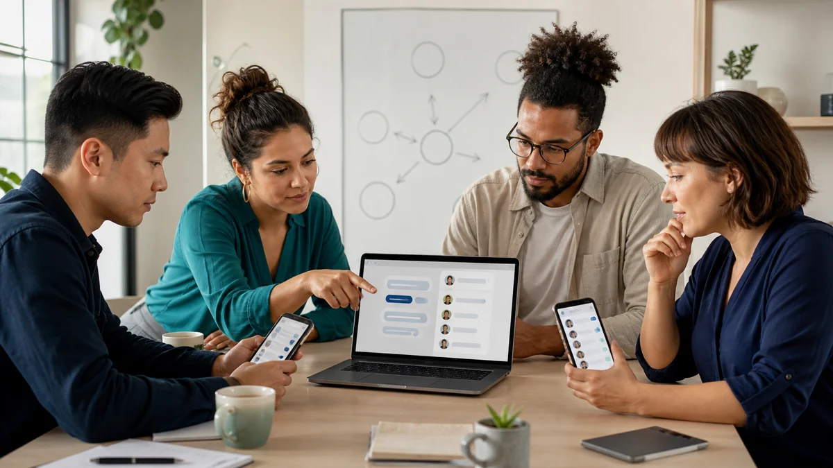 Small-business team reviewing participant choices and privacy settings before creating a Messenger group chat