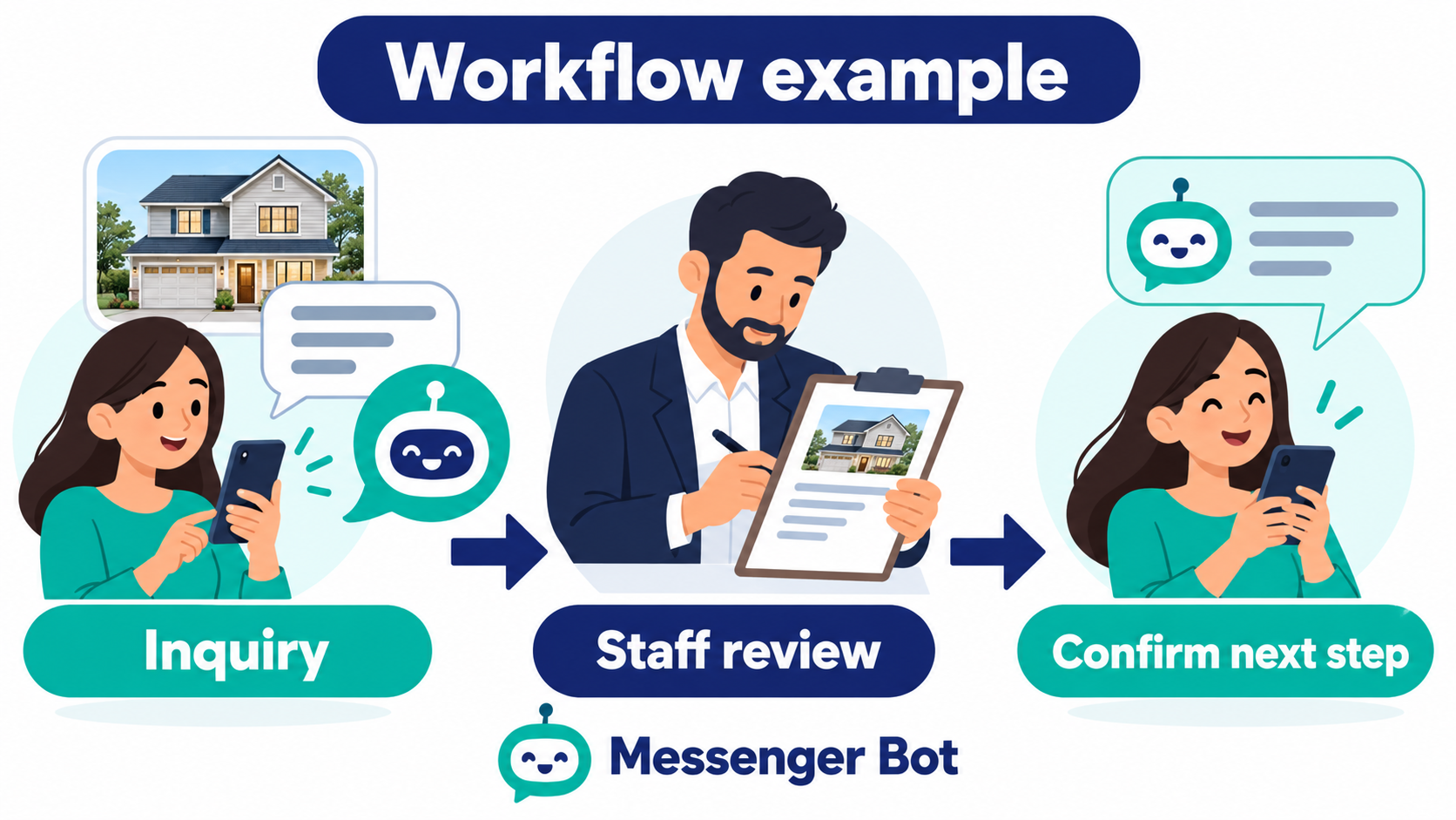 Messenger Bot real-estate inquiry workflow example Workflow example showing a real-estate inquiry moving through staff review to a customer-confirmed next step