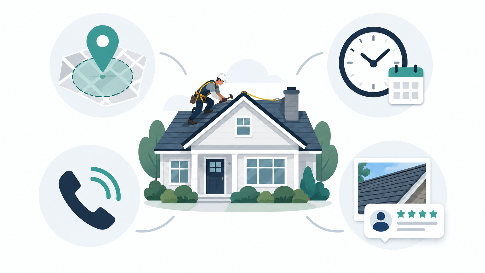 Roofing Marketing: A Practical Plan to Turn Inquiries Into Estimates 1 Roofing professional in fall-protection gear working on a home roof beside connected local-map, phone, clock, and review signals.