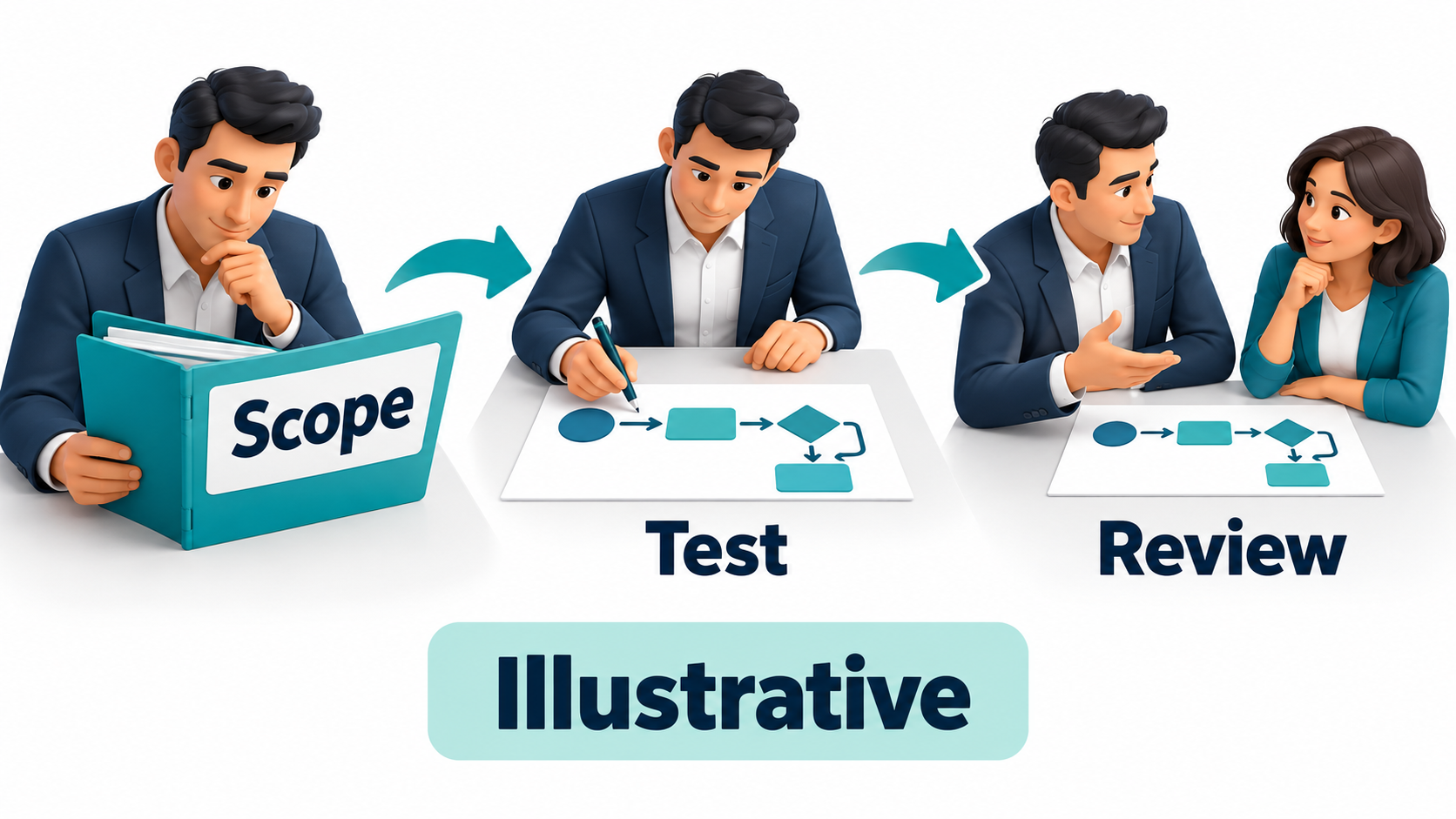 Illustrative chatbot service evaluation: scope the work, test an example, and review it with staff.