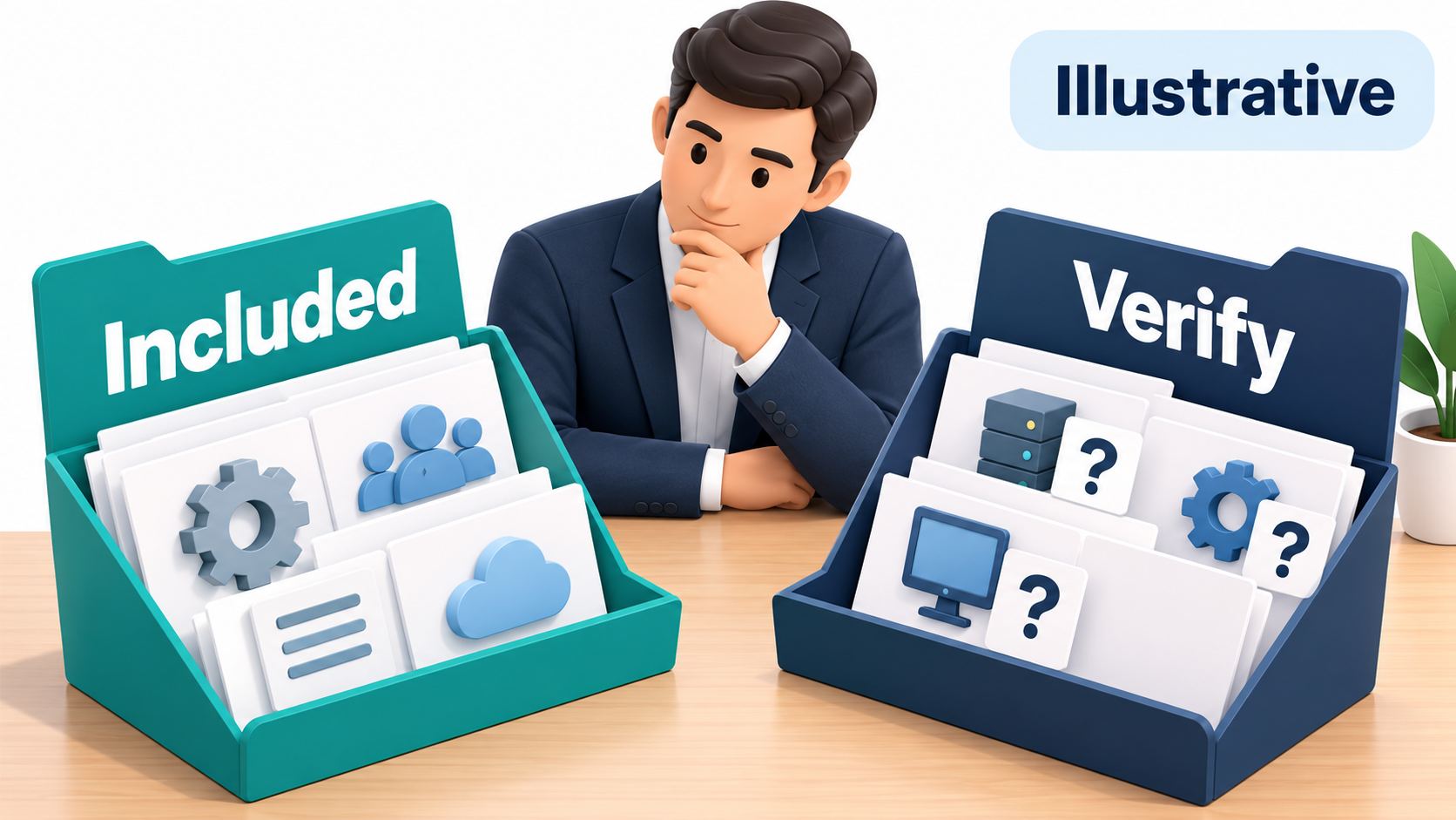Illustrative vendor scope folders distinguishing included services from capabilities still needing verification.