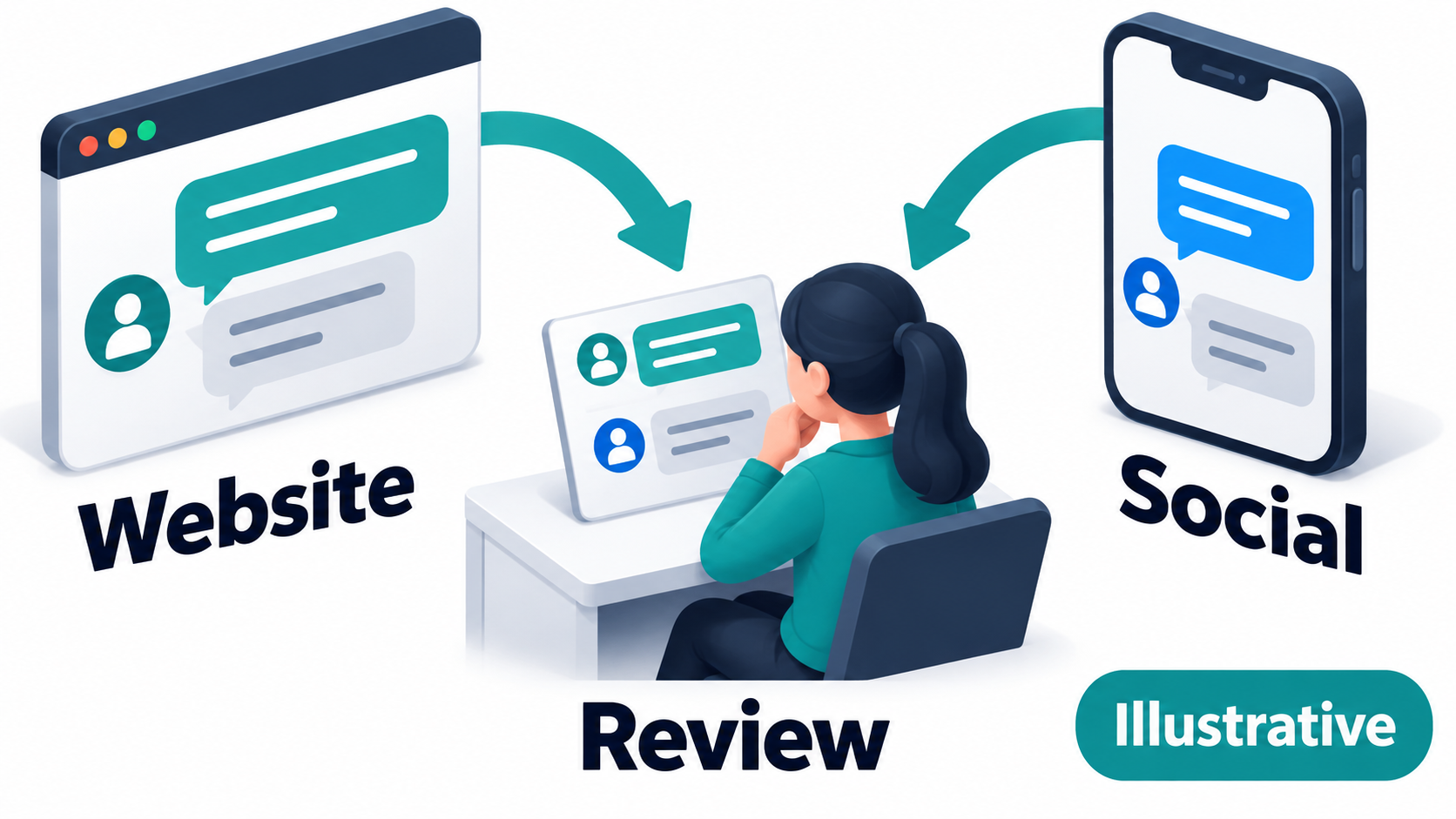 Chatbot Marketing in 2026: A Practical Strategy for Helpful, Measurable Conversations 2 Illustrative website and social inquiries converging on staff review; channel capabilities require separate verification.