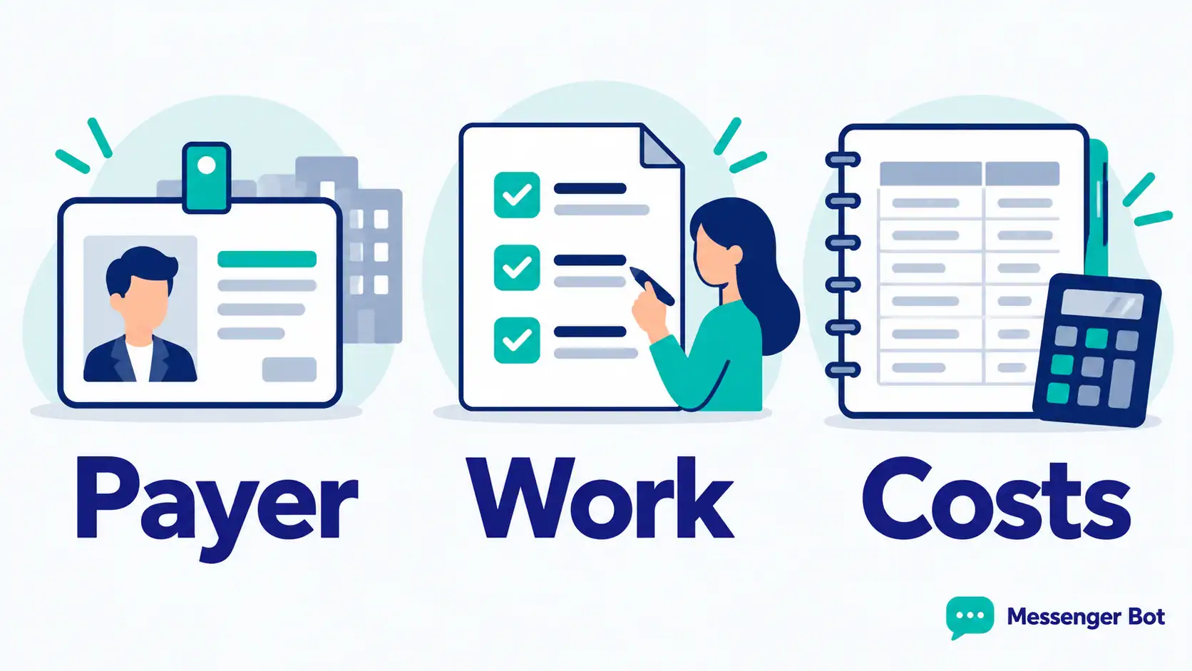 Payer, Work and Costs Payer, work and costs illustrated with an identity card, checklist and ledger.