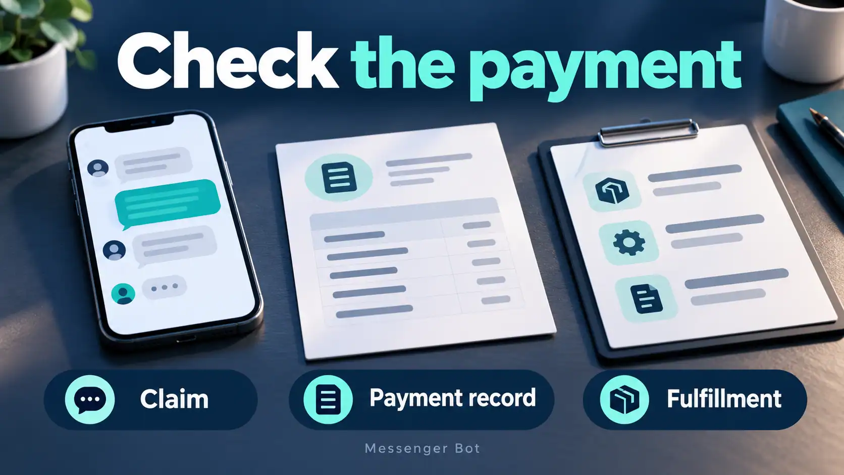 Illustration separating a chat claim, payment record and fulfillment checklist.