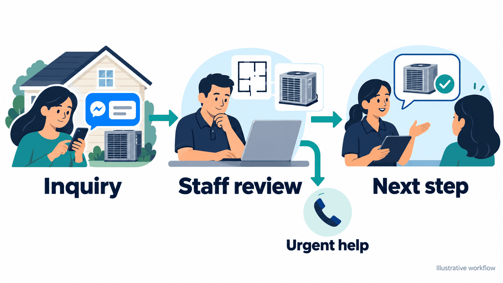 Illustrative HVAC inquiry moving through staff review to a human-confirmed next step, with a separate urgent-help path.