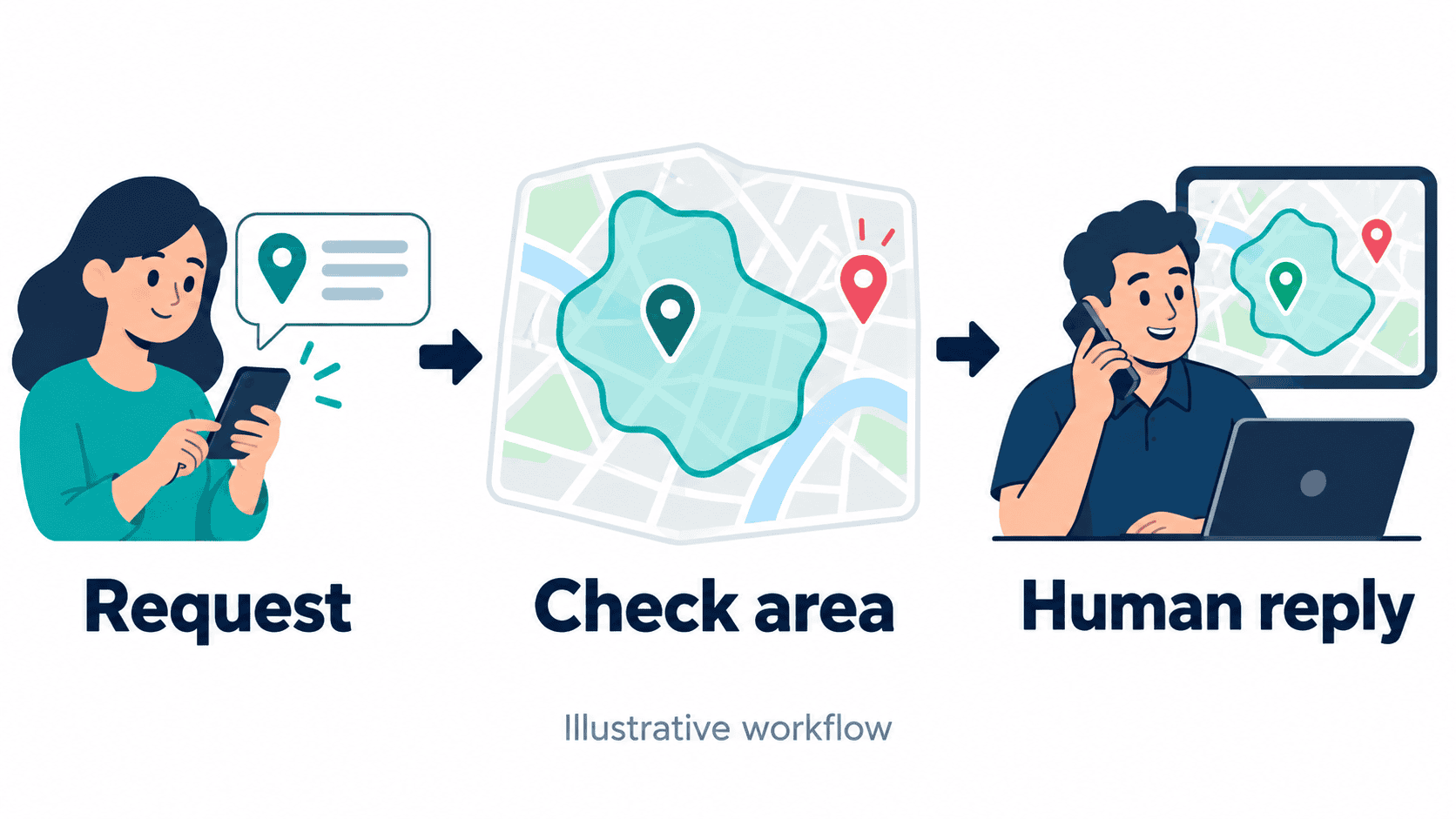 Illustrative service-area check: a request, conceptual coverage boundary, and staff member providing a human reply.