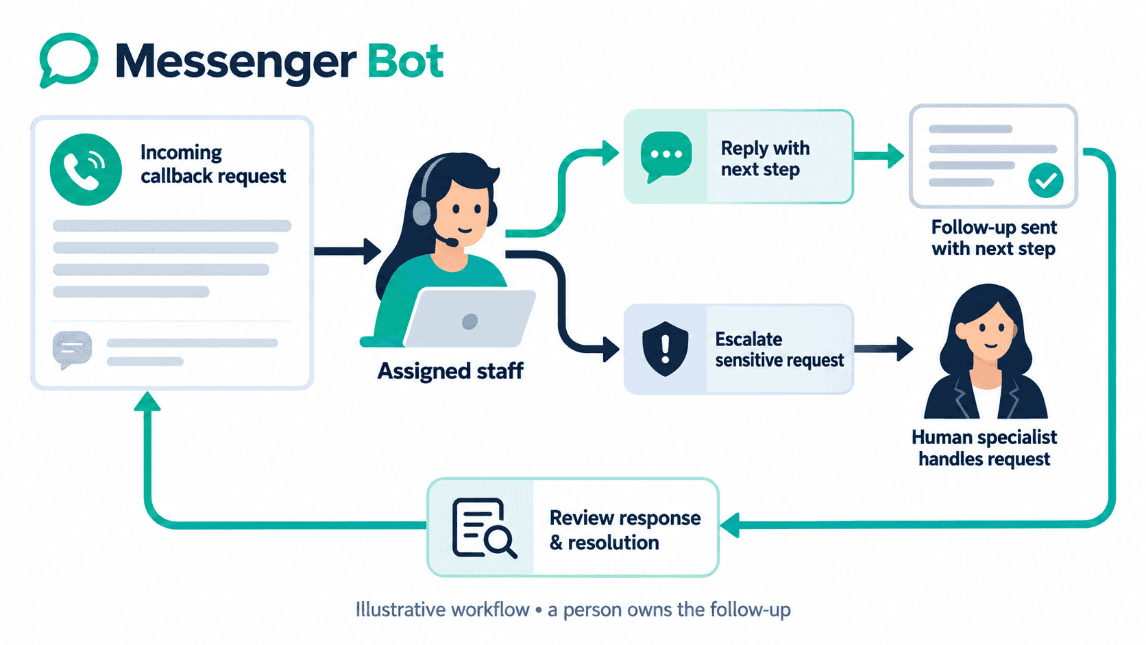 Illustrative staff-owned callback follow-up with sensitive-request escalation and outcome review.