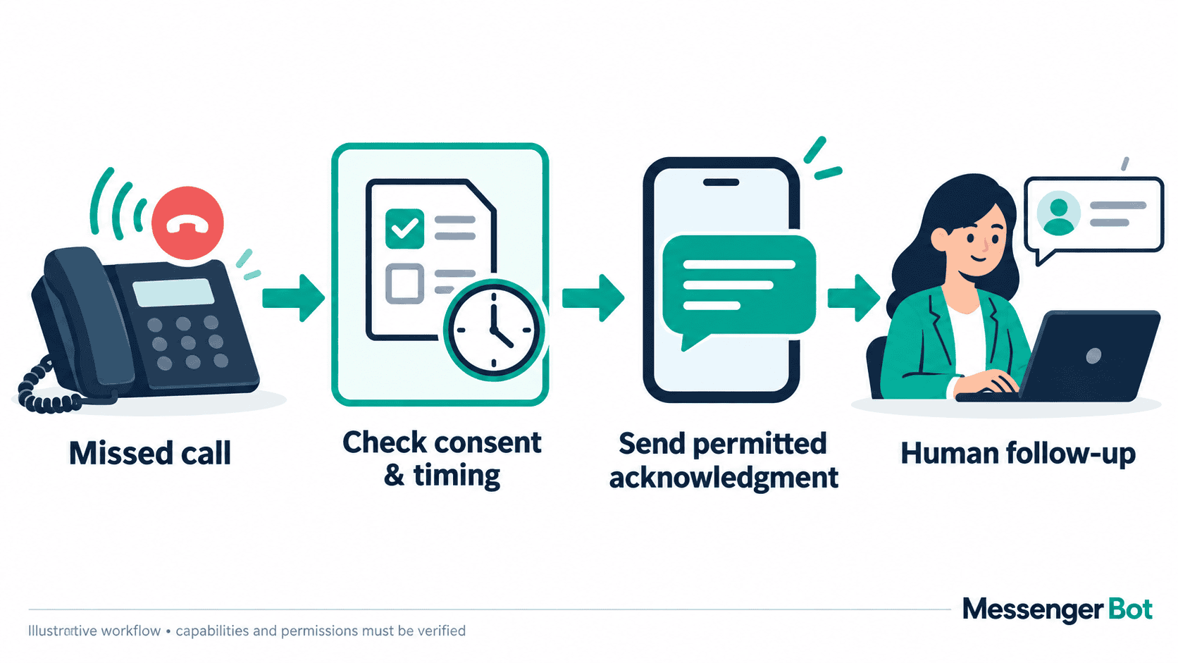 Illustrative missed-call workflow: verify consent and timing before permitted acknowledgment and human follow-up.