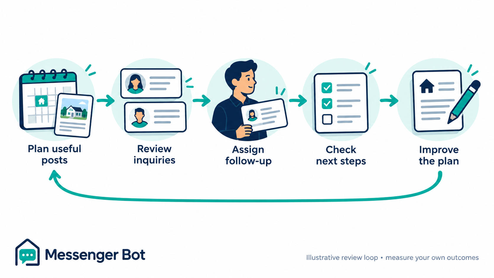 Illustrative social-content review loop: plan posts, review inquiries, assign follow-up, check next steps, and improve the plan.