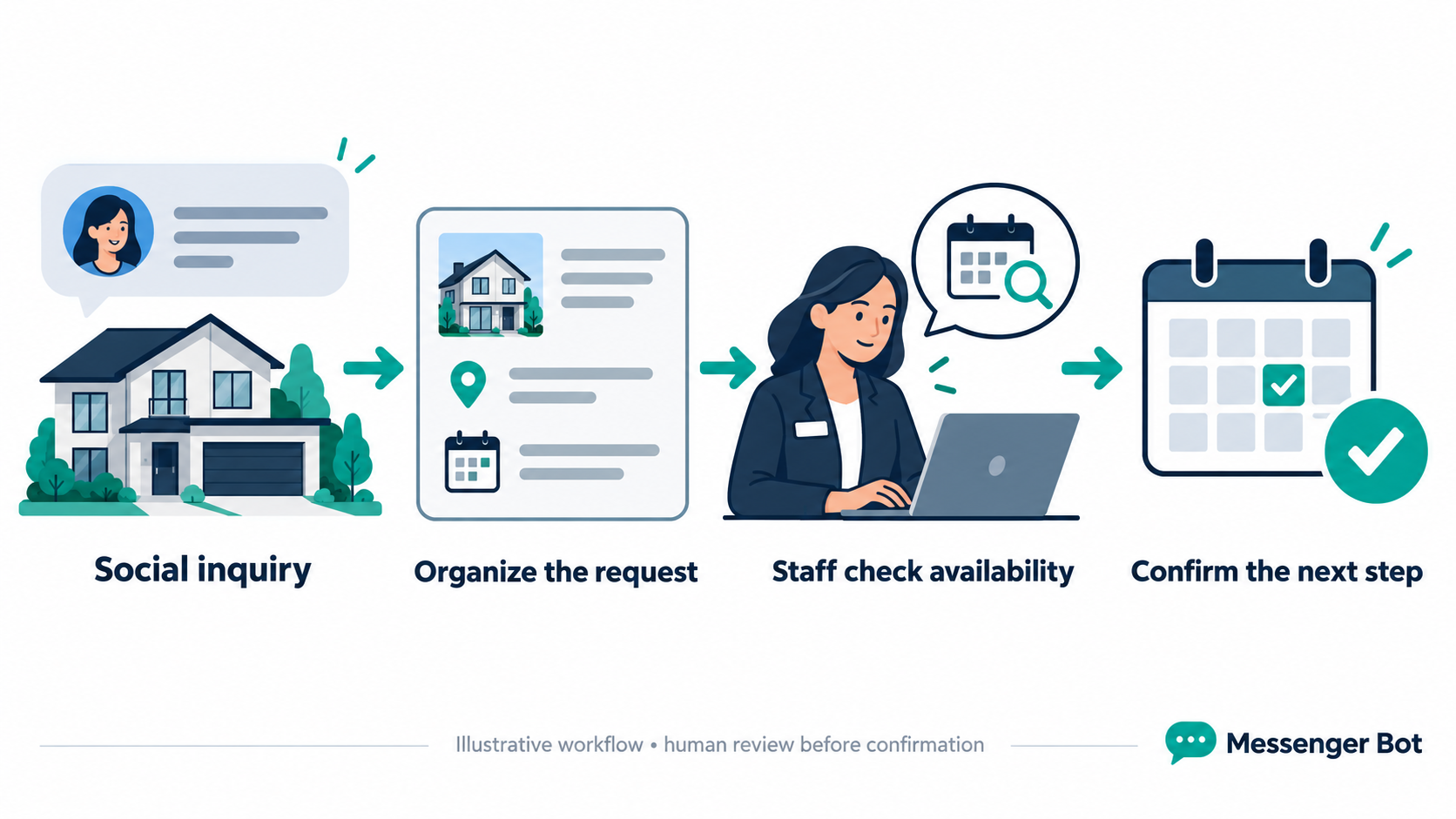 Illustrative social inquiry workflow: organize the request, have staff check availability, then confirm the next step.