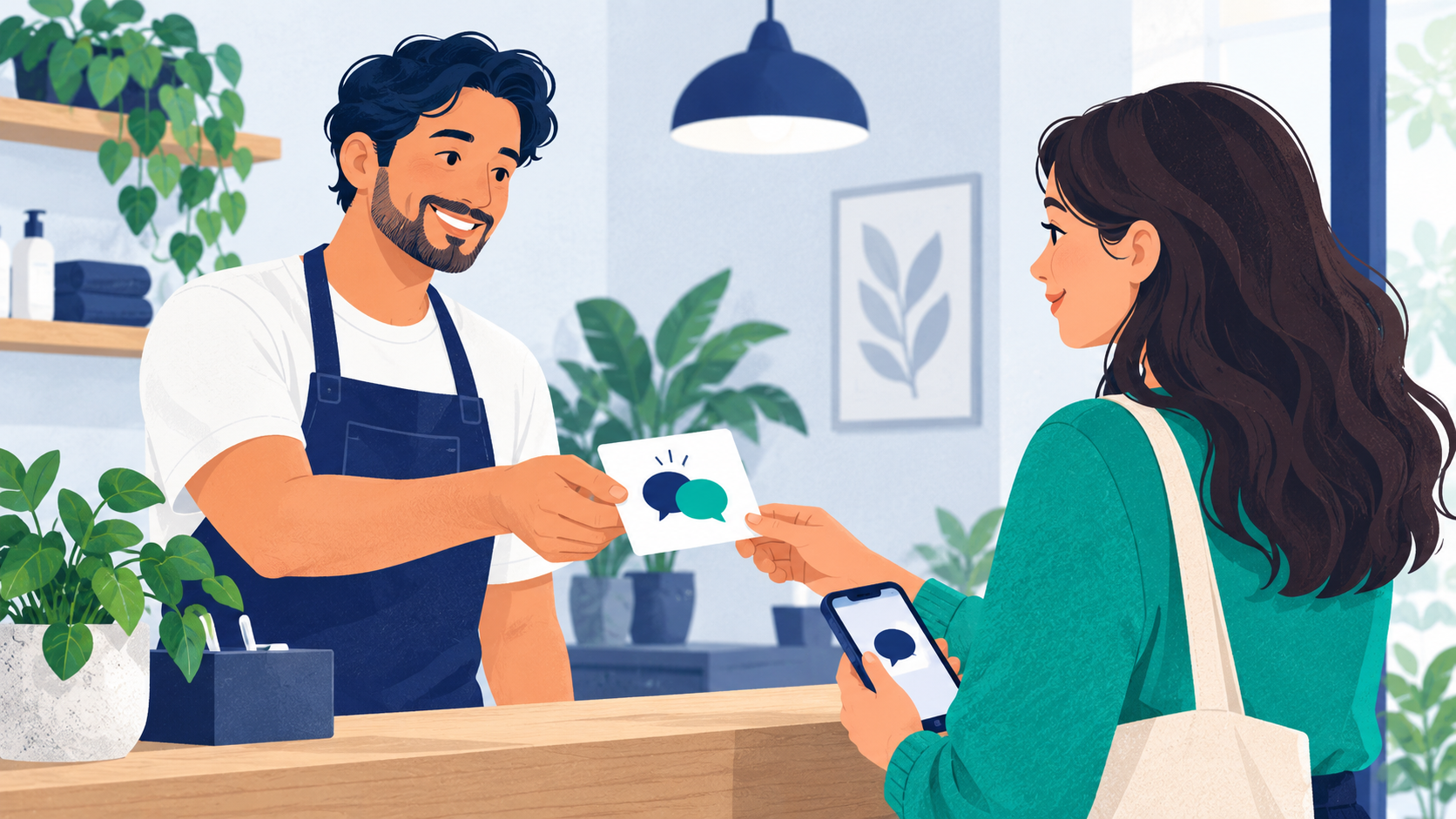 A staff member offers a customer an optional feedback card after a service.
